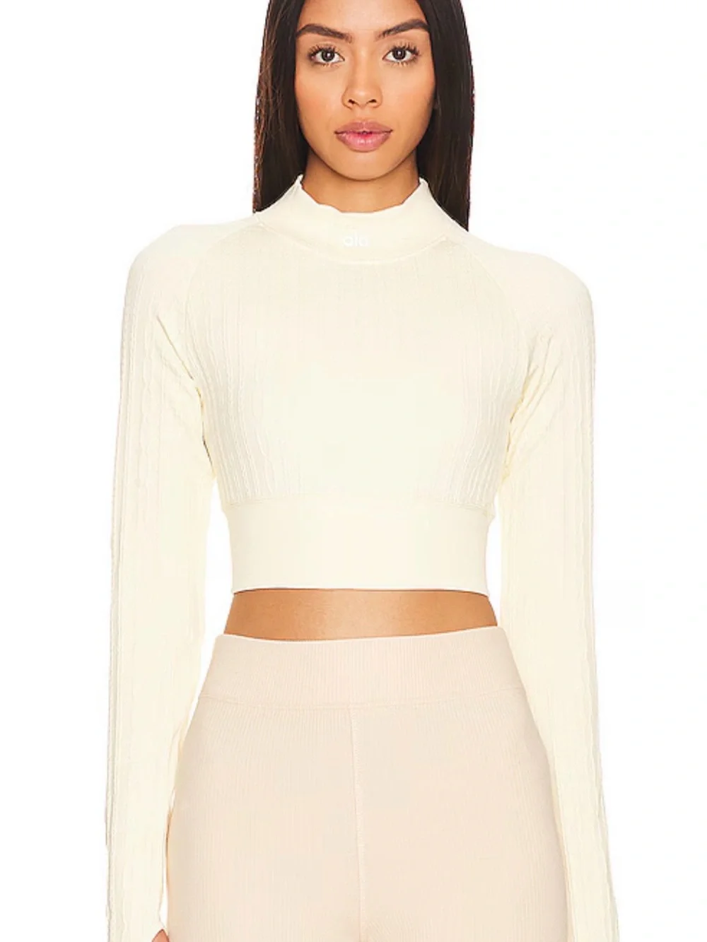 ALO Yoga Ribbed High-Neck Cropped Long-Sleeve Top in Cream